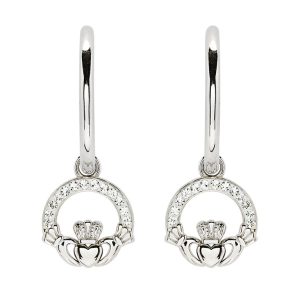 Sterling Silver White Crystal Claddagh Hoop Earrings