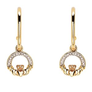 14kt Yellow Gold Lab Grown Diamond Claddagh Drop Earrings