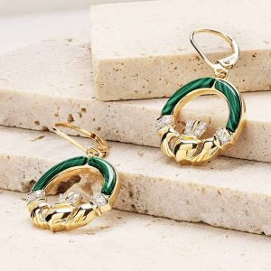 14kt Yellow Gold Lab Grown Diamond and Malachite Claddagh Earrings On Prop