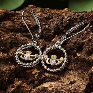 Sterling Silver CZ Claddagh Drop Earrings with Gold Plated Detail on Props