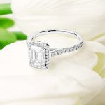 14kt White Gold Lab-Grown Diamond Cushion Halo Engagement Ring On Prop - Gallery Thumbnail Image