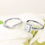 14kt White Gold Lab-Grown Diamond Cushion Halo Engagement Ring Set On Prop - Gallery Thumbnail Image