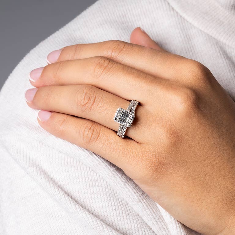 14kt White Gold Lab-Grown Diamond Cushion Halo Engagement Ring Set On Model