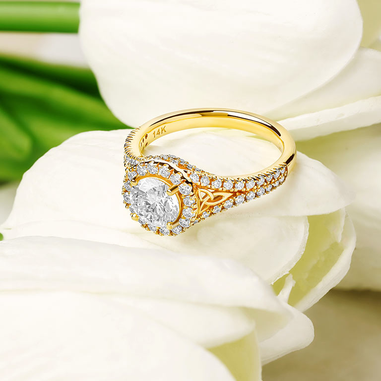 14kt Yellow Gold Round Halo Trinity Knot Mount Only Engagement Ring On Prop