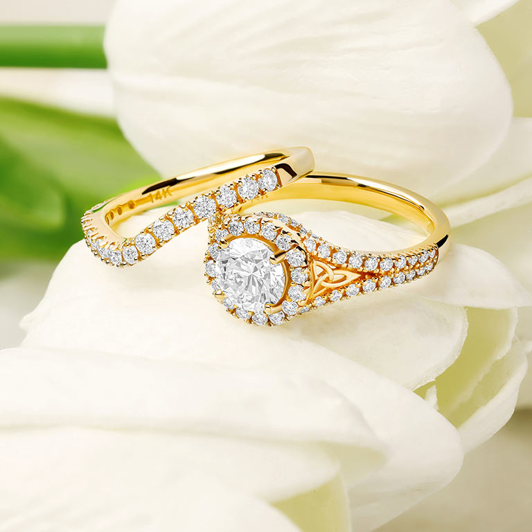 14kt Yellow Gold Round Halo Trinity Knot Mount Only Engagement Ring Set On Prop