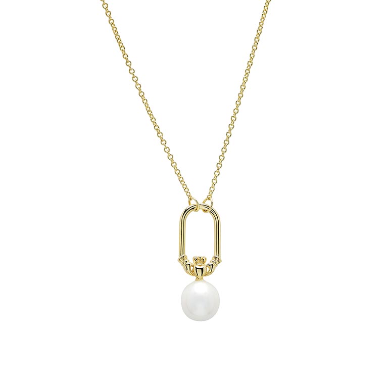 14kt Gold Vermeil Claddagh Pearl Drop Necklace Longer Chain