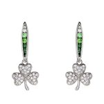 Sterling Silver Shamrock Earrings with Green and White CZ - Gallery Thumbnail Image