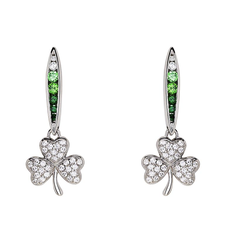 Sterling Silver Shamrock Earrings with Green and White CZ