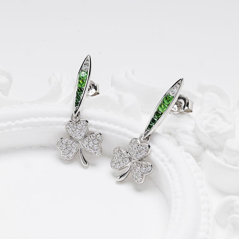 Sterling Silver Shamrock Earrings with Green and White CZ on Prop