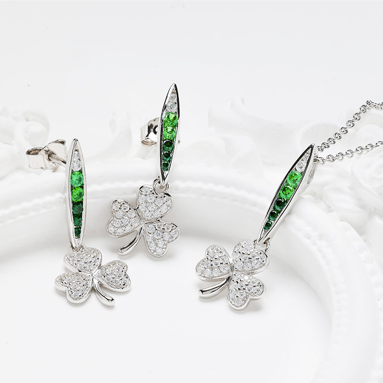 Sterling Silver Shamrock Earrings with Green and White CZ Set