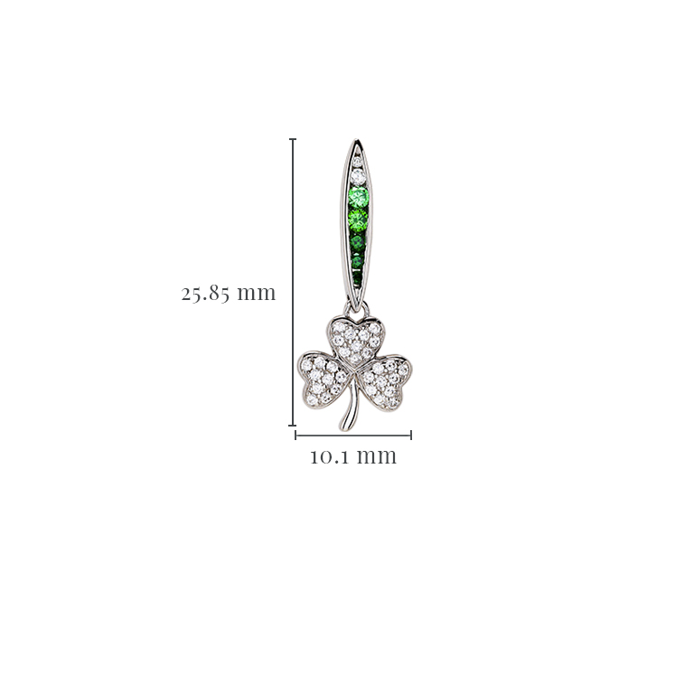 Sterling Silver Shamrock Earrings with Green and White CZ with Measurement