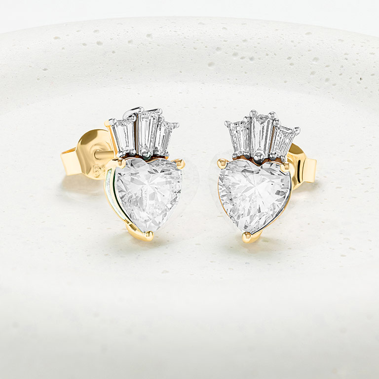 14K Gold Lab-Grown Diamond Claddagh Heart Stud Earrings On Prop