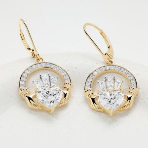 14K Gold Lab-Grown Diamond Claddagh Drop Earrings On Prop